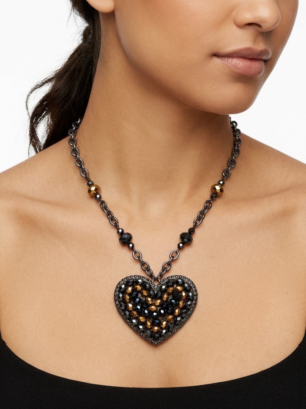 Black and Gold Heart Pendant Necklace - Women's Jewelry
